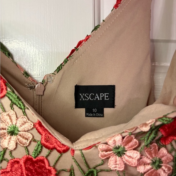Xscape (Macy’s) Blush Dress with Red and Green Floral Crochet Embroidery - Picture 2 of 9